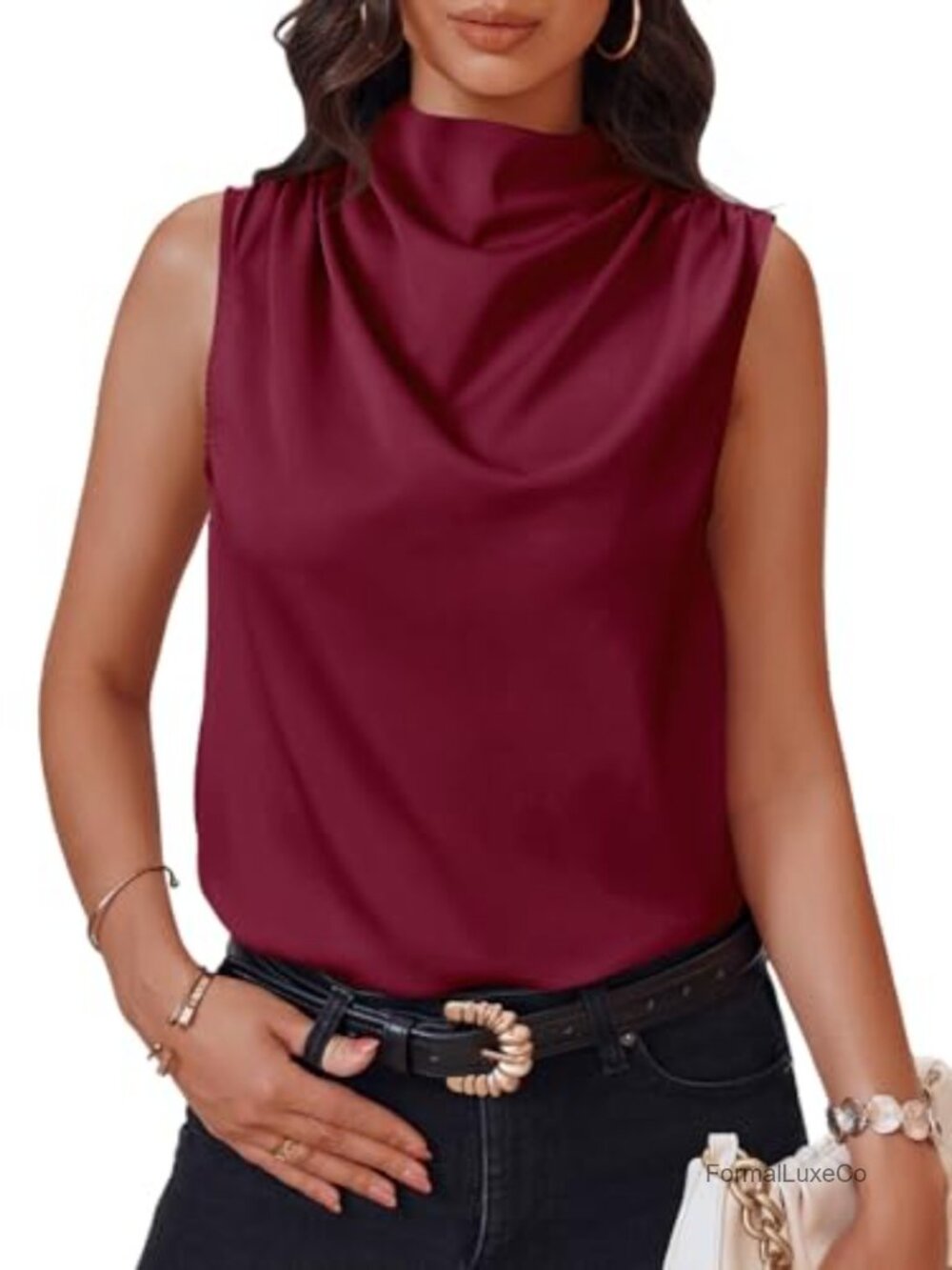 Mock Neck Satin Tank Top Sleeveless Ruched Business Casual Blouse